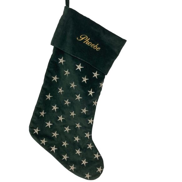 Pottery Barn Velvet Christmas Stocking Green Embroidered Phoebe Gold Silver Star - Picture 1 of 8